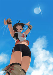 Rule 34 | 1girl, ahoge, ball, bike shorts, black hair, cloud, day, elbow pads, knee pads, midriff, navel, open mouth, original, playing sports, shirt, sky, solo, somehira katsu, volleyball, volleyball (object)
