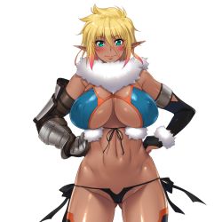 Rule 34 | 1girl, aoi nagisa (metalder), aqua eyes, asymmetrical gloves, black panties, blonde hair, boots, breasts, covered erect nipples, curvy, elbow gloves, elda ballad, elf, female focus, fur trim, game cg, gloves, gluteal fold, gradient hair, hair between eyes, hand on own hip, hands on own hips, happy, highres, huge breasts, looking at viewer, multicolored hair, navel, official art, panties, pink hair, pointy ears, revealing clothes, shiny skin, short hair, simple background, solo, thighhighs, thong, underwear, uneven gloves, upper body, white background, youkoso! sukebe elf no mori e