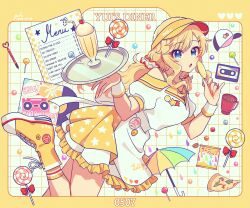 Rule 34 | 1girl, absurdres, album cover, alternate costume, alternate hairstyle, apron, artist name, badge, bare shoulders, baseball cap, birthday, blonde hair, blue eyes, border, bow, breasts, button badge, candy, cassette tape, character name, cherry, coffee, coffee cup, commentary request, container, cover, cup, dated, disposable cup, dot nose, dress, drink, drinking straw, eating, english text, food, foot out of frame, frilled dress, frills, from side, fruit, grk 11601, hair ornament, hair scrunchie, hands up, hat, heart, highres, holding, holding candy, holding food, holding lollipop, holding tray, ice cream, ice cream float, idolmaster, idolmaster cinderella girls, leaning, leaning forward, lollipop, long hair, looking at viewer, looking to the side, low twintails, medium breasts, menu, nail polish, ohtsuki yui, open mouth, orange nails, outside border, parted lips, pen, pizza, record, red bow, scrunchie, shoes, short sleeves, sidelocks, socks, solo, standing, standing on one leg, tin (container), tongue, tray, twintails, umbrella, visor cap, waitress, wavy hair, white apron, wrist cuffs, yellow border, yellow footwear, yellow hat
