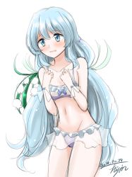 Rule 34 | 1girl, absurdres, bikini, blue eyes, blue hair, blush, breasts, highres, hisin, long hair, nervous, nintendo, one eye closed, shirt, shy, small breasts, solo, swimsuit, ursula (xenoblade), very long hair, white background, white shirt, xenoblade chronicles (series), xenoblade chronicles 2
