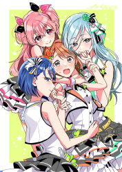 Rule 34 | 4girls, aqua flower, aqua rose, arms around neck, belt, black belt, black bow, black flower, black ribbon, black rose, blue eyes, blue hair, blush, border, bow, braid, breasts, brown hair, buttons, chin rest, clenched hands, clover hair ornament, cropped vest, d:, dot nose, feather hair ornament, feathers, fingernails, flower, girl sandwich, green background, grey eyes, hair bow, hair flower, hair ornament, hanasato minori, hand on another&#039;s waist, hands up, head on head, head rest, head tilt, highres, hinomori shizuku, holding another&#039;s wrist, hug, hug from behind, kiritani haruka, layered skirt, light blue hair, long hair, looking at viewer, medium hair, momoi airi, more more jump! (project sekai), multiple girls, neck ribbon, nervous, open mouth, orange bow, pink bow, pink eyes, pink hair, pleated skirt, project sekai, raised eyebrows, ribbon, rose, sandwiched, shinonome neko-tarou, shirt, shirt tucked in, simple background, single horizontal stripe, skirt, small breasts, smile, star (symbol), starry background, sweatdrop, swept bangs, tareme, two-tone bow, two side up, vest, white border, white shirt, wide-eyed, wrist cuffs, yellow belt