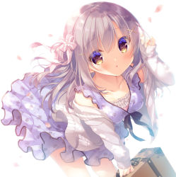 Rule 34 | 1girl, :o, black bow, blush, bow, breasts, brown eyes, collarbone, commentary request, dress, floral print, flower, grey hair, grey jacket, hair between eyes, hair flower, hair ornament, hand up, holding, jacket, leaning forward, long hair, long sleeves, looking at viewer, medium breasts, off shoulder, open clothes, open jacket, original, parted lips, petals, print dress, purple dress, sleeveless, sleeveless dress, sleeves past wrists, solo, suitcase, very long hair, white background, white flower, x hair ornament, yukie (peach candy)