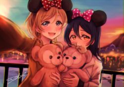 Rule 34 | 10s, 2girls, :d, ayase eli, blonde hair, blue eyes, blue hair, blush, bow, brown eyes, chromatic aberration, covering own mouth, disneyland, hair between eyes, hair bow, holding, holding stuffed toy, lilylion26, long hair, long sleeves, looking at viewer, love live!, love live! school idol project, mickey mouse ears, multiple girls, open mouth, polka dot, polka dot bow, ponytail, reaching, reaching towards viewer, selfie, signature, smile, sonoda umi, stuffed animal, stuffed toy, teddy bear, upper body