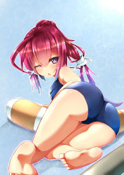 Rule 34 | 10s, 1girl, ;o, ass, blue background, feet, highres, i-168 (kancolle), innertube, kantai collection, long hair, one-piece swimsuit, one eye closed, open mouth, ponytail, red eyes, red hair, school swimsuit, solo, swim ring, swimsuit, thighs, unomi, wince