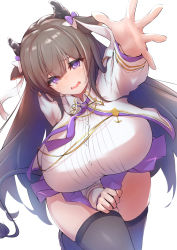 Rule 34 | 1girl, animal ears, azur lane, black thighhighs, blunt bangs, blush, breasts, brown hair, covering privates, covering crotch, cow ears, cow girl, cow horns, cow tail, cropped jacket, crying, crying with eyes open, curvy, embarrassed, hair ribbon, highres, horns, huge breasts, impossible clothes, impossible shirt, jacket, kashino (azur lane), leaning forward, long hair, long sleeves, looking at viewer, miniskirt, open clothes, open jacket, outstretched arm, parted lips, purple eyes, purple skirt, raised eyebrows, ribbon, shirt, sidelocks, simple background, skindentation, skirt, skirt tug, solo, standing, standing on one leg, tail, taut clothes, taut shirt, tears, thighhighs, thighs, uniform, very long hair, wakusei-san, wavy mouth, white background, white ribbon, white shirt, wide hips