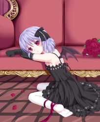 Rule 34 | 1girl, bat wings, blue hair, bouquet, bow, couch, dress, elbow gloves, female focus, flower, gloves, hair bow, highres, ikeda yuuki, md5 mismatch, pantyhose, petals, red eyes, remilia scarlet, ribbon, sitting, solo, touhou, wariza, white pantyhose, wings