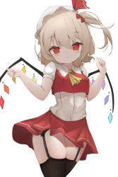 Rule 34 | 1girl, :o, absurdres, adapted costume, ascot, berserker r, black thighhighs, blonde hair, blush, bow, commentary request, cowboy shot, crystal, flandre scarlet, frilled shirt collar, frills, garter straps, hair between eyes, hair bow, hands up, hat, hat ribbon, highres, looking at viewer, miniskirt, mob cap, one side up, panties, puffy short sleeves, puffy sleeves, red bow, red eyes, red ribbon, red skirt, red vest, ribbon, short hair, short sleeves, simple background, skirt, solo, thighhighs, thighs, touhou, underwear, vest, white background, white hat, wings, yellow ascot