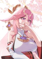 Rule 34 | 1girl, animal ears, arm under breasts, bare shoulders, breast hold, breasts, cherry blossoms, commentary, covered mouth, day, detached sleeves, earrings, fox ears, genshin impact, hair between eyes, hand up, highres, jewelry, large breasts, lempika, long hair, looking away, pink hair, purple eyes, shirt, sleeveless, sleeveless shirt, solo, sunlight, turtleneck, upper body, white shirt, white sleeves, yae miko