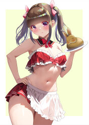 Rule 34 | 1girl, absurdres, akihiro0920, apron, bare arms, blunt bangs, blush, border, breasts, brown hair, commentary request, cowboy shot, detached collar, hair ribbon, highres, holding, holding plate, looking at viewer, maid apron, medium breasts, navel, original, plate, purple eyes, rabbit, red skirt, red tube top, ribbon, sidelocks, simple background, skirt, smile, standing, strapless, thighs, tube top, twintails, underboob, white border