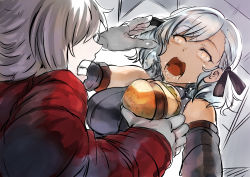 Rule 34 | 1boy, 1girl, bad id, bad pixiv id, belko, breasts, burger, cleavage, clenched teeth, commander (girls&#039; frontline), detached sleeves, drooling, food, girls&#039; frontline, gloves, hair ribbon, holding, holding food, indoors, jacket, large breasts, long hair, looking at viewer, open mouth, parody, red eyes, resident evil, resident evil 2, ribbon, saliva, short hair, spas-12 (girls&#039; frontline), teeth, twintails, white hair