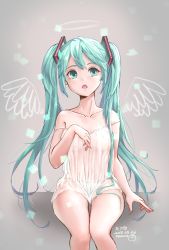 Rule 34 | 1girl, aqua eyes, aqua hair, artist name, bad id, bad pixiv id, character name, chemise, collarbone, dated, grey background, hatsune miku, long hair, myochyo, open mouth, panties, see-through, sitting, solo, strap slip, twintails, underwear, very long hair, vocaloid, white panties