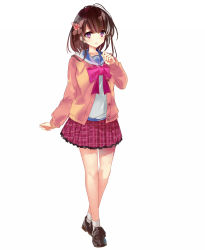 Rule 34 | 1girl, bow, bowtie, brown footwear, brown hair, cardigan, commentary request, fingernails, flower, full body, hair flower, hair ornament, hand up, loafers, long sleeves, nagata ozu, open cardigan, open clothes, original, pink bow, pink bowtie, pink flower, pink skirt, plaid, plaid skirt, pleated skirt, purple eyes, school uniform, serafuku, shirt, shoes, simple background, skirt, socks, solo, standing, white background, white shirt, white socks