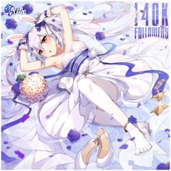 Rule 34 | 1girl, absurdres, anklet, azur lane, bare shoulders, blue flower, blue ribbon, blue rose, bouquet, brown flower, rabbit hair ornament, copyright name, dress, flower, flower anklet, full body, gloves, hair flower, hair ornament, high heels, highres, jewelry, laffey (azur lane), laffey (white rabbit&#039;s oath) (azur lane), long hair, looking at viewer, lying, official art, on back, open mouth, pantyhose, red eyes, ribbon, rose, shoes, sleeveless, sleeveless dress, solo, tsukino (nakajimaseiki), twintails, very long hair, wedding dress, white dress, white footwear, white gloves, white hair, white pantyhose