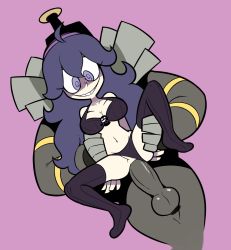 Rule 34 | 1boy, 1girl, @ @, ahoge, anal, arms behind back, bra, breasts, cleavage, clothing aside, collarbone, creatures (company), dusknoir, dutch angle, erection, full body, game freak, gen 4 pokemon, girl on top, hairband, hands up, hetero, hex maniac (pokemon), highres, interspecies, large breasts, long hair, looking down, matching hair/eyes, miscon, monster, monster boy, navel, nintendo, npc trainer, panties, panties aside, partially visible vulva, penis, pink background, pokemon, pokemon (creature), pokemon xy, pokephilia, purple bra, purple eyes, purple hair, purple hairband, purple panties, purple thighhighs, sex, simple background, smile, spread legs, teeth, testicles, thighhighs, uncensored, underwear, underwear only