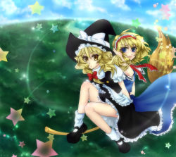 2girls alice_margatroid asm blonde_hair blue_eyes broom broom_riding female_focus hairband hat kirisame_marisa multiple_girls multiple_riders short_hair touhou witch witch_hat yellow_eyes