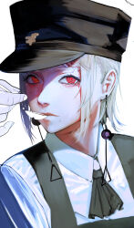 Rule 34 | 1girl, absurdres, chainsaw man, disembodied limb, dress, earrings, fami (chainsaw man), fourth east high school uniform, ganet p, grey hair, hat, highres, holding, holding spoon, jewelry, looking at viewer, military hat, mole, mole under eye, mole under mouth, multiple moles, pinafore dress, red eyes, ringed eyes, school uniform, short hair, simple background, sleeveless, sleeveless dress, solo, spoon, tassel, tassel earrings, white background