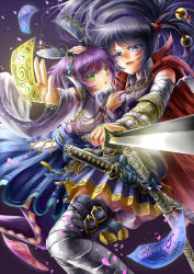 Rule 34 | 2girls, animal ears, black hair, blue eyes, bracer, rabbit ears, cape, detached sleeves, fake animal ears, green eyes, hair tubes, hairband, hand on another&#039;s chest, hand on another&#039;s head, hug, japanese clothes, jewelry, katana, long hair, looking at viewer, miko, multiple girls, nanakusagayu, open mouth, original, pleated skirt, ponytail, purple hair, reverse grip, short hair, simple background, skirt, sword, talisman, thighhighs, weapon, yuri, zettai ryouiki
