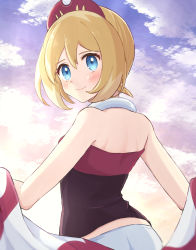 Rule 34 | 1girl, bad id, bad pixiv id, blonde hair, blue eyes, blush, closed mouth, cloud, collar, commentary request, creatures (company), day, eyelashes, from behind, game freak, hair between eyes, hairband, haru (haruxxe), highres, irida (pokemon), looking back, nintendo, outdoors, pokemon, pokemon legends: arceus, red hairband, red shirt, shirt, short hair, shorts, sky, smile, solo, white shorts