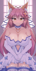 Rule 34 | 1girl, absurdres, animal ear fluff, animal ears, bare shoulders, blush, breasts, bridal veil, bride, cleavage, clothing cutout, collarbone, detached sleeves, dress, elbow gloves, fang, fate/extella, fate/extra, fate/extra ccc, fate/grand order, fate (series), fox ears, fox girl, fox tail, gloves, heart, heart-shaped pupils, highres, indoors, jewelry, jifuwabe, large breasts, long hair, looking at viewer, midriff, navel, navel cutout, ornate ring, pink hair, ring, smile, solo, symbol-shaped pupils, tail, tamamo (fate), tamamo no mae (fate/extra), veil, very long hair, wedding, wedding dress, wedding ring, white dress, white gloves, yellow eyes
