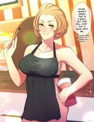 Rule 34 | 1girl, ^^^, absurdres, apron, blush, brown eyes, brown hair, coffee cup, collarbone, cup, disposable cup, english text, eyeshadow, female focus, fire emblem, fire emblem: three houses, grin, hand on own hip, highres, holding, holding cup, holding pen, iced latte with breast milk (meme), indoors, lipstick, makeup, manuela casagranda, matching hair/eyes, meme, mole, mole under eye, naked apron, nintendo, pen, short hair, shynrinn, smile, solo, speech bubble, yellow eyes, yellow lips