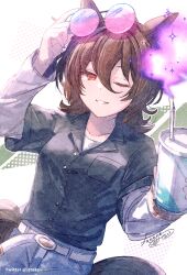 Rule 34 | 1girl, agnes tachyon (umamusume), ahoge, animal ears, arm up, belt, belt buckle, bendy straw, black shirt, blue pants, brown hair, buckle, collared shirt, cup, disposable cup, dress shirt, drinking straw, eyebrows hidden by hair, eyewear on head, hair between eyes, holding, holding cup, horse ears, horse girl, horse tail, ittokyu, layered sleeves, long sleeves, pants, pink-tinted eyewear, red eyes, round eyewear, shirt, short over long sleeves, short sleeves, signature, solo, tail, tinted eyewear, umamusume, white background, white belt, white shirt
