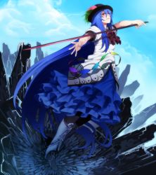Rule 34 | 1girl, bad id, bad pixiv id, blue hair, boots, broken ground, embellished costume, female focus, food, frills, fruit, gathers, hat, high heels, highres, hinanawi tenshi, irohara mitabi, long hair, outstretched hand, peach, pinky out, red eyes, shoes, solo, sword, sword of hisou, touhou, weapon