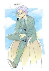 Rule 34 | 1boy, blue background, blue eyes, cigarette, cloud, cloudy sky, day, dragon ball, dragonball z, expressionless, formal, hand on own cheek, hand on own face, crossed legs, looking away, male focus, necktie, purple hair, rochiko (bgl6751010), rock, short hair, simple background, sitting, sky, solo, translation request, trunks (dragon ball), white background