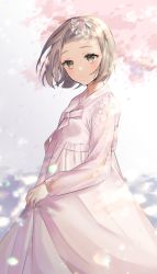 Rule 34 | 1girl, blush, brown eyes, brown hair, closed mouth, commission, cowboy shot, flower, forehead, hair flower, hair ornament, hanbok, highres, korean clothes, long sleeves, looking at viewer, original, pink flower, pink ribbon, poho, ribbon, see-through, short hair, solo, symbol-only commentary