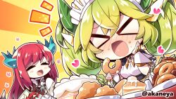 Rule 34 | &gt; &lt;, 2girls, akaneya, apron, blue horns, blush, breasts, cake, chibi, commission, doughnut, dragon girl, dragon horns, dragon tail, dress, duel monster, eating, food, green hair, green horns, horns, kitchen dragonmaid, lace-trimmed apron, lace trim, large breasts, long hair, long sleeves, maid, maid apron, maid headdress, multiple girls, open mouth, pancake, parlor dragonmaid, puffy sleeves, red hair, short sleeves, skeb commission, tail, yu-gi-oh!