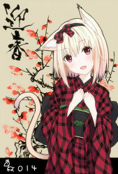 Rule 34 | 10s, 1girl, 2014, 96tuki, animal ears, blonde hair, bow, cat ears, cat tail, dress, fangs, floral background, hair bow, hairband, happy new year, head tilt, japanese clothes, kimono, long sleeves, looking at viewer, new year, obi, open mouth, original, plaid, print kimono, purple eyes, sash, solo, standing, tail