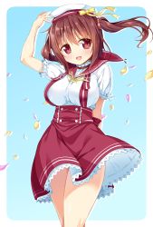 Rule 34 | 10s, 1girl, bad id, bad pixiv id, blush, breasts, brown hair, collar, cowboy shot, ebina nana, female focus, gradient background, hat, highres, himouto! umaru-chan, kazuma (kazumav), large breasts, long hair, looking at viewer, open mouth, petals, red eyes, sailor collar, school uniform, smile, solo, twintails
