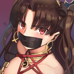 Rule 34 | 1girl, bare shoulders, bdsm, black hair, bondage, bound, breasts, cleavage, collarbone, earrings, eyes visible through hair, fate/grand order, fate (series), gag, gagged, highres, hoop earrings, improvised gag, ishtar (fate), jewelry, kaddo, long hair, looking at viewer, red eyes, solo, tape, tape gag, twintails, upper body
