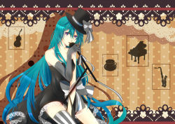 Rule 34 | 1girl, aqua hair, blue eyes, bow, dress, elbow gloves, gloves, gradient hair, hatsune miku, highres, long hair, microphone, microphone stand, multicolored hair, single thighhigh, sitting, solo, strapless, strapless dress, striped background, striped clothes, striped thighhighs, thighhighs, tomoshibi (vdn), vertical-striped clothes, vertical-striped thighhighs, very long hair, vocaloid