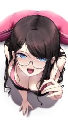 Rule 34 | 1girl, arm support, ass, bare arms, bare shoulders, black-framed eyewear, black hair, black shirt, blue eyes, breasts, cleavage, commentary request, copyright request, ddangbi, downblouse, glasses, hair ornament, hairclip, hand up, highres, large breasts, leaning forward, leggings, long hair, looking at viewer, open mouth, pink leggings, saliva, semi-rimless eyewear, shadow, shirt, sleeveless, sleeveless shirt, solo, split, sweat, swept bangs, under-rim eyewear
