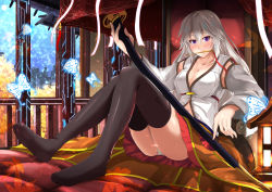Rule 34 | 1girl, ass, bad id, bad pixiv id, black thighhighs, blush, breasts, cleavage, commentary request, detached sleeves, holding, kanzaki kureha, katana, large breasts, long hair, looking at viewer, mouth hold, navel, original, panties, pantyshot, pleated skirt, purple eyes, silver hair, sitting, skirt, smile, solo, sword, thighhighs, underwear, weapon, white panties, zettai ryouiki