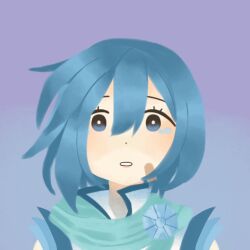 Rule 34 | 1girl, anata ni aitakute ato cm ga oosugite (vocaloid), aoki lapis, astr0n0tes, bandaid, bandaid on cheek, bandaid on face, blue hair, blue scarf, commentary request, floating hair, gradient background, hair between eyes, high collar, looking at viewer, parted lips, portrait, purple background, scarf, shirt, simple background, sleeveless, sleeveless shirt, solo, straight-on, tearing up, vocaloid, white shirt