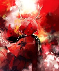 Rule 34 | 1girl, bright pupils, commentary request, eyebrows hidden by hair, flat chest, horns, kaigen 1025, kicchou yachie, looking at viewer, open mouth, red theme, ribbon, shirt, short hair, short sleeves, skirt, smile, touhou, upper body, wide sleeves