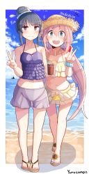 Rule 34 | 2girls, beach, bikini, blue hair, blue sky, blush, breasts, character name, cloud, collarbone, commentary request, day, frilled bikini, frilled swimsuit, frills, hair between eyes, hair bun, hat, highres, kagamihara nadeshiko, looking at viewer, low twintails, multiple girls, nail polish, navel, ocean, open mouth, outdoors, pink hair, plan (planhaplalan), purple eyes, sand, sandals, shima rin, single hair bun, sky, smile, straw hat, swimsuit, thick eyebrows, toenail polish, toenails, twintails, v, water, yurucamp