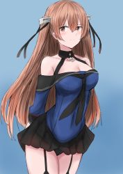 Rule 34 | 1girl, arms behind back, black skirt, blue background, blue shirt, breasts, brown eyes, cleavage, garter straps, gradient background, hair ornament, highres, johnston (kancolle), kamaboko senshi, kantai collection, light brown hair, long hair, looking at viewer, medium breasts, off shoulder, pleated skirt, sailor collar, school uniform, serafuku, shirt, skirt, solo, two side up