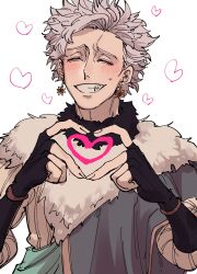Rule 34 | 1boy, black clover, black clover: sword of the wizard king, closed mouth, earrings, fingerless gloves, fur-trimmed robe, fur trim, gloves, heart, heart hands, highres, jester garandros, jewelry, male focus, open mouth, purple hair, robe, runadon1146, smile, solo, white background