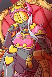 Rule 34 | 1girl, armor, chess piece, digimon, highres, queen, queen (chess), queenchessmon, smile, throne