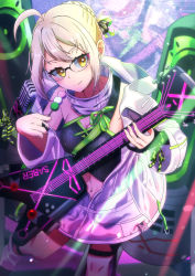 Rule 34 | 1girl, absurdres, ahoge, artoria pendragon (fate), blush, breasts, cleavage, clothing cutout, coat, commentary request, dango, detached collar, electric guitar, fate/grand order, fate (series), food, glasses, guitar, highres, holding, holding food, hood, hood down, hooded coat, huge filesize, instrument, looking at viewer, medium breasts, microphone, mikasumi, mysterious idol x alter (fate), navel, navel cutout, open clothes, open coat, platinum blonde hair, plectrum, short hair, skewer, smile, solo, speaker, wagashi, white coat, yellow eyes