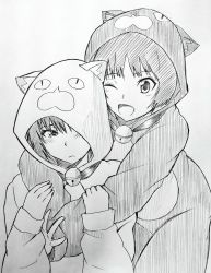 Rule 34 | 2girls, :&lt;, :d, amagami, animal costume, animal ears, animal hood, arms around neck, bell, black hair, blush, cat costume, cat ears, collar, embarrassed, front to back, greyscale, hands on another&#039;s arms, hood, hood up, hug, hug from behind, jingle bell, jishaku (user rcuz2843), looking at another, monochrome, multiple girls, nanasaki ai, neck bell, one eye closed, open mouth, pajamas, raised eyebrows, short hair, sketch, smile, tachibana miya