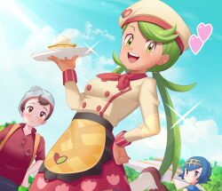 Rule 34 | 1boy, 2girls, blush, chef hat, closed mouth, creatures (company), eyelashes, game freak, gazing eye, green eyes, green hair, hand on own hip, hands up, hat, heart, highres, lana (pokemon), long hair, long sleeves, looking at viewer, mallow (palentine&#039;s 2023) (pokemon), mallow (pokemon), multiple girls, nintendo, official alternate costume, pokemon, pokemon masters ex, pokemon sm, pokemon swsh, shirt, smile, swept bangs, tongue, tongue out, twintails, victor (pokemon)