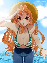 Rule 34 | 1girl, :o, arm up, bikini, bikini top only, blue sky, breasts, cleavage, collarbone, cowboy shot, day, denim, earrings, hat, imoko (imoko illust), jeans, jewelry, leaning forward, long hair, looking at viewer, medium breasts, nami (one piece), navel, ocean, one piece, open mouth, orange hair, outdoors, pants, red eyes, sky, solo, stomach, straw hat, swimsuit, twitter username, very long hair, water