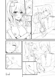 Rule 34 | 1boy, 1girl, admiral (kancolle), bed, blush, breasts, comic, closed eyes, greyscale, hair between eyes, hair ornament, happy sex, heart, hetero, highres, kantai collection, large breasts, long hair, long sleeves, lying, military, military uniform, monochrome, naval uniform, neckerchief, nipples, on bed, open clothes, penis, pillow, rui shi (rayze ray), saratoga (kancolle), short sleeves, side ponytail, silent comic, smile, sparkle, spoken heart, sweatdrop, uniform, zzz
