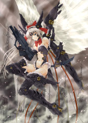 Rule 34 | 1girl, angel, angel wings, antennae, armor, bare shoulders, blue eyes, bow, breasts, center cut, cleavage, feathers, frills, grey hair, gun, highres, knife, navel, original, panda lion, pandaraion (kanikani2950), smile, solo, weapon, white hair, wings