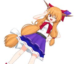 Rule 34 | 1girl, :d, absurdres, belt, black belt, blue skirt, bow, breasts, brown horns, buttons, commentary request, cookie (touhou), feet out of frame, hair between eyes, hair bow, highres, horns, ibuki suika, layered skirt, long bangs, long hair, looking at viewer, low-tied long hair, one eye closed, open mouth, orange hair, purple ribbon, purple skirt, red bow, red eyes, ribbon, ribbon-trimmed skirt, ribbon trim, shirt, simple background, skirt, sleeveless, sleeveless shirt, small breasts, smile, solo, touhou, transparent background, traveler hxy, very long hair, white bow, white shirt, yamin (cookie)