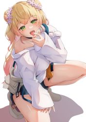 Rule 34 | 1girl, absurdres, blonde hair, blue shorts, commentary request, double bun, finger to tongue, flower, gradient hair, green eyes, hair between eyes, hair bun, hair flower, hair ornament, highres, hololive, iikiroro, long hair, long sleeves, momosuzu nene, multicolored hair, off-shoulder shirt, off shoulder, pink hair, pov, shirt, shorts, solo, squatting, tongue, tongue out, two side up, virtual youtuber, white background, white shirt
