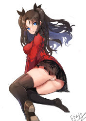 Rule 34 | 1girl, ass, bad id, bad pixiv id, black hair, black thighhighs, blue eyes, emyo, fate/stay night, fate (series), hair ribbon, long hair, looking at viewer, panties, ribbon, shoes, simple background, single shoe, skirt, solo, thighhighs, tohsaka rin, two side up, underwear, white background, white panties
